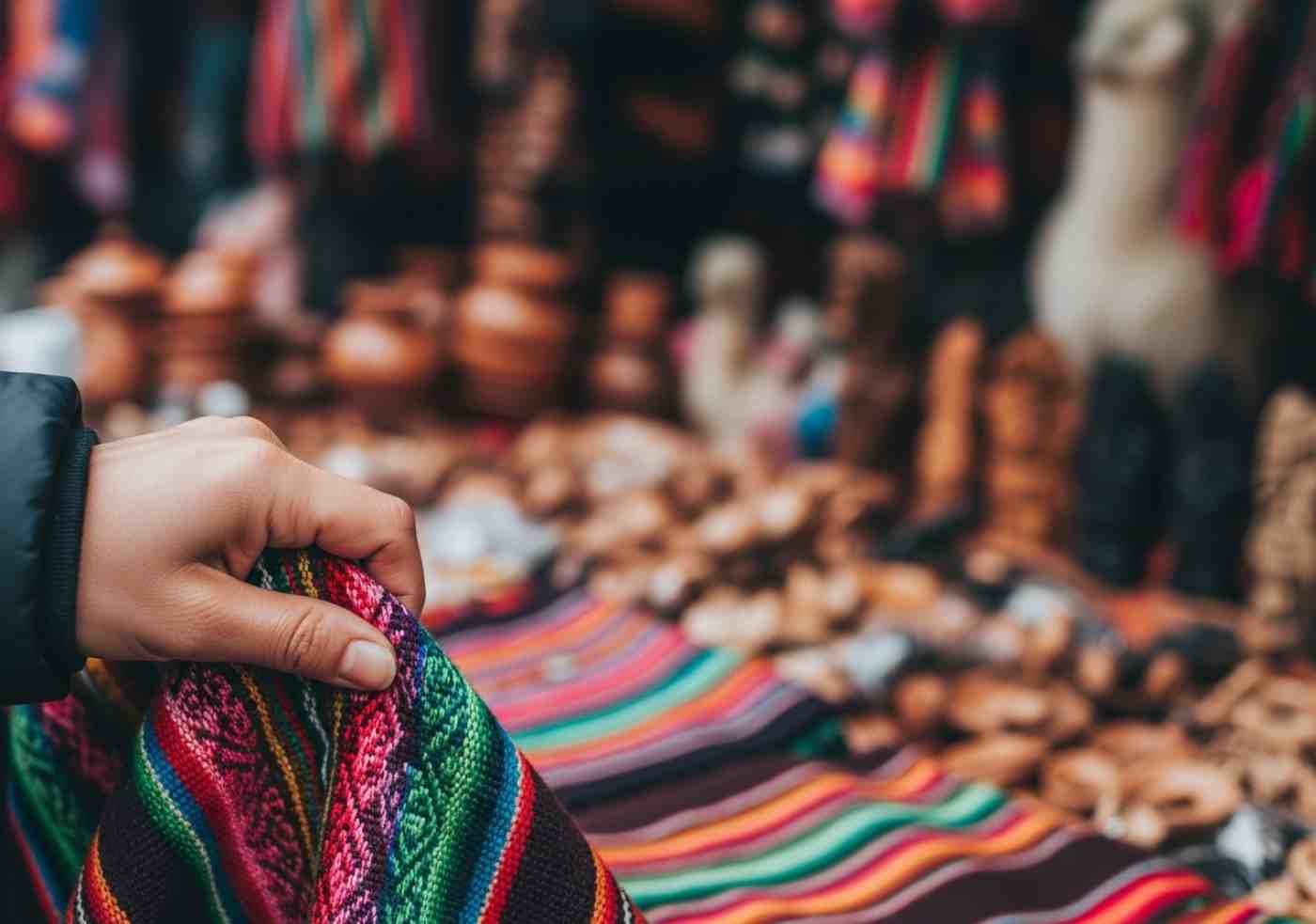 Puesto de artesanías coloridas en el mercado de Aguas Calientes, donde se aconseja comprar con discernimiento