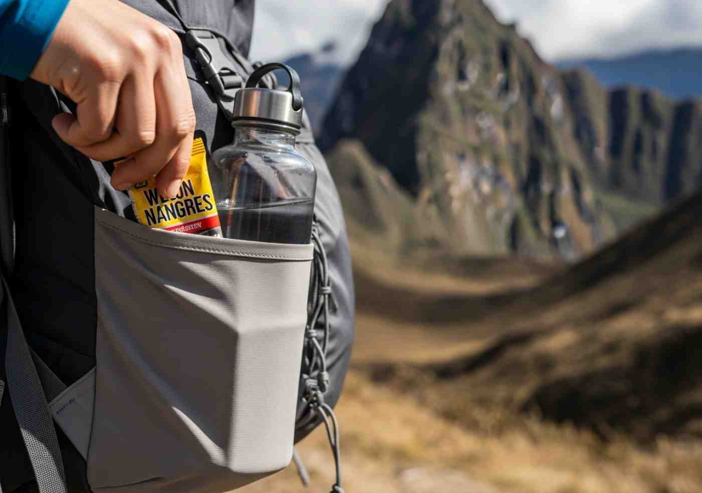 Mochila de día para el Salkantay Trek con una botella de agua y un mapa