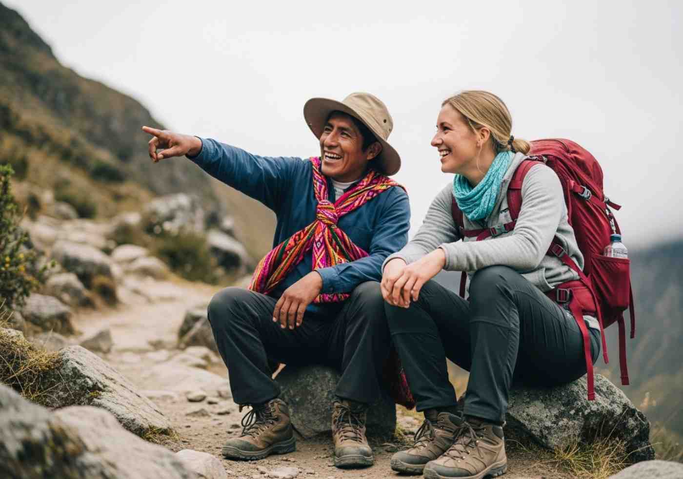 Una mujer viajando sola en Salkantay sonríe mientras conversa con su guía local durante un descanso en la ruta