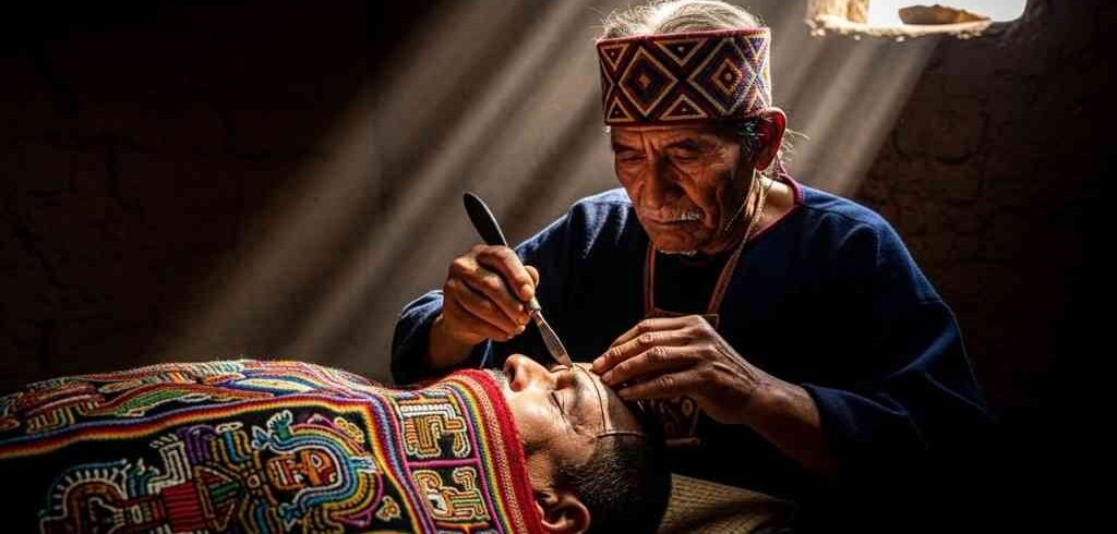 Un cirujano de la cultura Paracas realiza una compleja neurocirugía de Paracas con un bisturí de obsidiana, en una representación histórica de la avanzada medicina pre-inca.