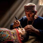 Un cirujano de la cultura Paracas realiza una compleja neurocirugía de Paracas con un bisturí de obsidiana, en una representación histórica de la avanzada medicina pre-inca.