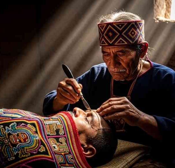 Un cirujano de la cultura Paracas realiza una compleja neurocirugía de Paracas con un bisturí de obsidiana, en una representación histórica de la avanzada medicina pre-inca.