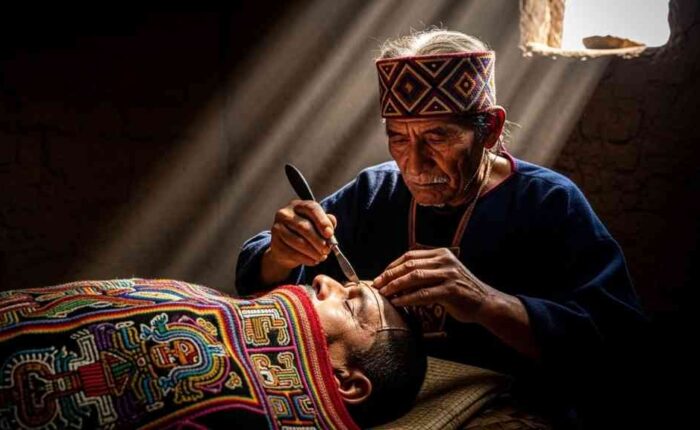 Un cirujano de la cultura Paracas realiza una compleja neurocirugía de Paracas con un bisturí de obsidiana, en una representación histórica de la avanzada medicina pre-inca.