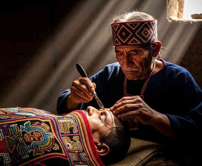 Un cirujano de la cultura Paracas realiza una compleja neurocirugía de Paracas con un bisturí de obsidiana, en una representación histórica de la avanzada medicina pre-inca.