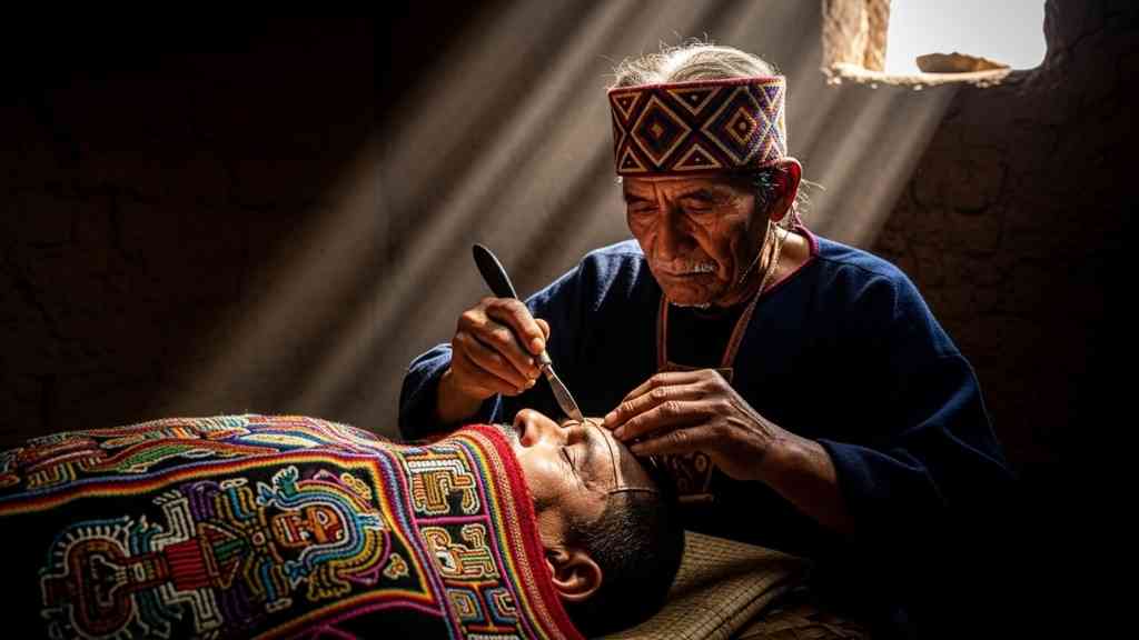 neurocirugia-de-paracas Un cirujano de la cultura Paracas realiza una compleja neurocirugía de Paracas con un bisturí de obsidiana, en una representación histórica de la avanzada medicina pre-inca.