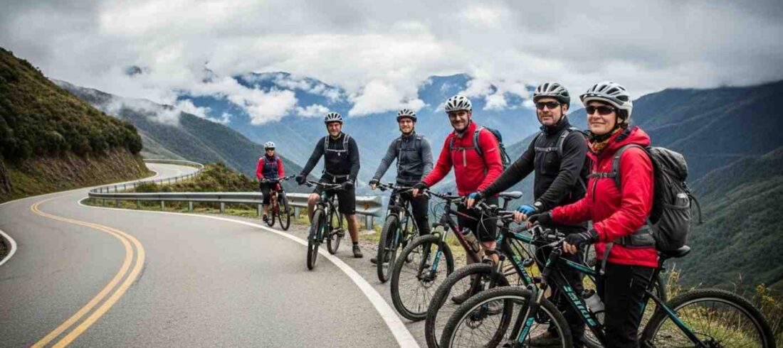 Un ciclista evaluando el nivel de dificultad del Inka Jungle mientras desciende por la sinuosa carretera del Abra Málaga