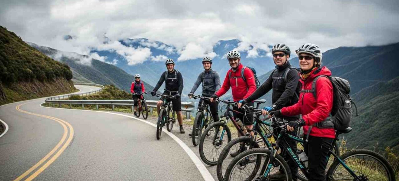 Un ciclista evaluando el nivel de dificultad del Inka Jungle mientras desciende por la sinuosa carretera del Abra Málaga