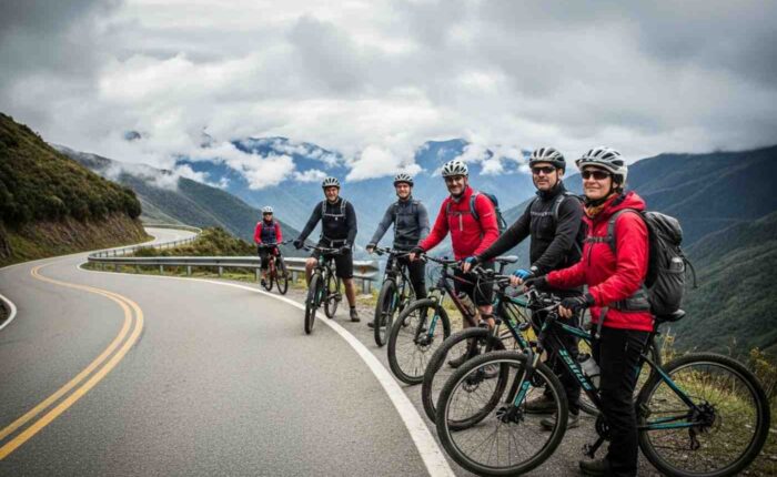 Un ciclista evaluando el nivel de dificultad del Inka Jungle mientras desciende por la sinuosa carretera del Abra Málaga