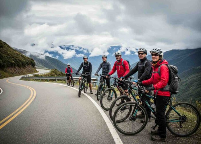 Un ciclista evaluando el nivel de dificultad del Inka Jungle mientras desciende por la sinuosa carretera del Abra Málaga