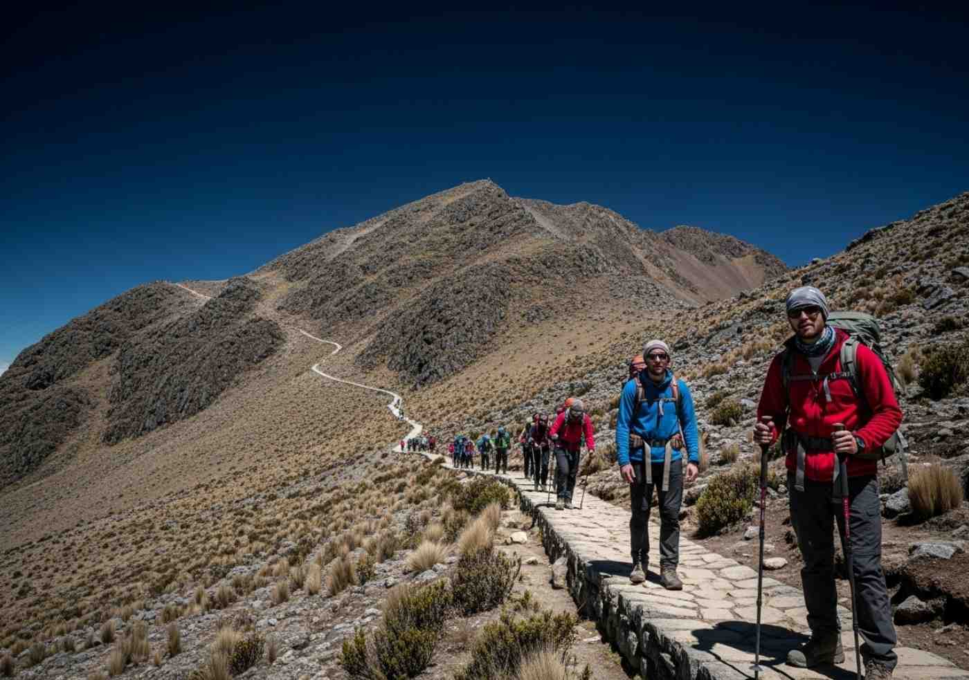 Excursionistas en el Abra Warmiwañusqa, el punto de mayor altitud del Camino Inca Clásico de 4 días