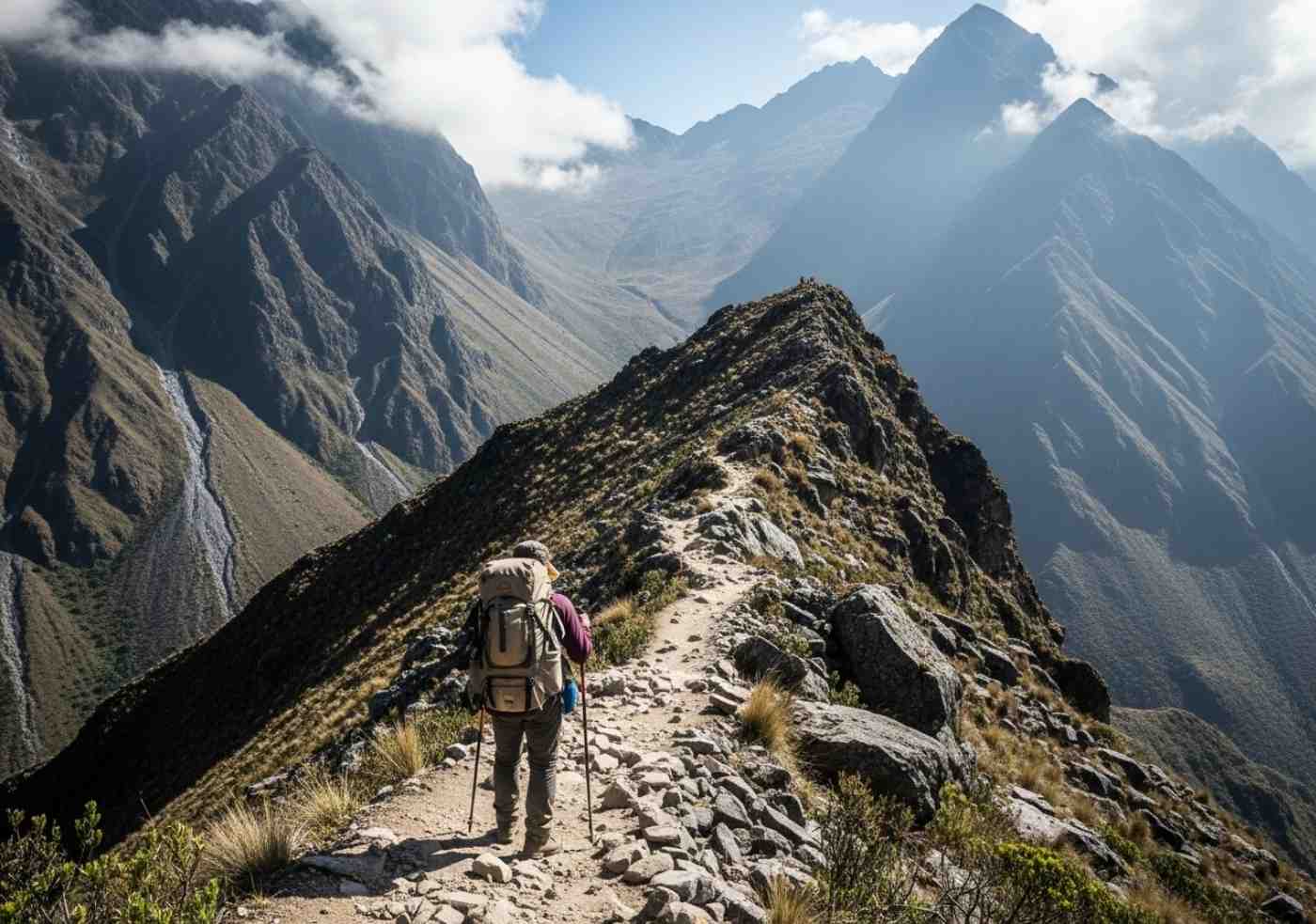 Un excursionista ascendiendo el desafiante Paso de Warmiwañusqa en el Camino Inca, mostrando la altitud extrema y el esfuerzo del segundo día