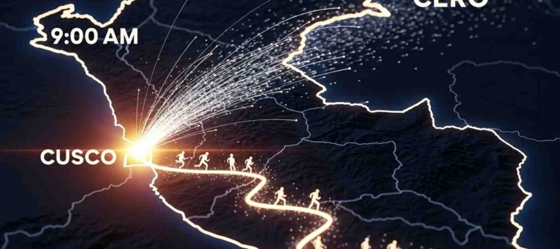 Visualización de la carrera digital por un permiso del Camino Inca, mostrando el "Minuto Cero" como una explosión de solicitudes compitiendo por un espacio