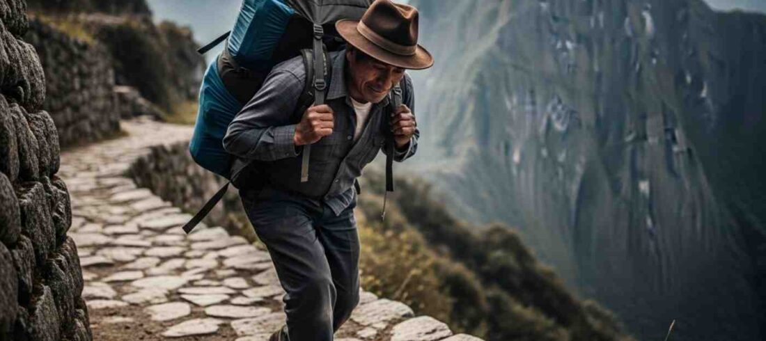 Uno de los porteadores del Camino Inca cargando una mochila grande con equipo de trekking, caminando con determinación por un sendero de montaña empedrado con los Andes de fondo
