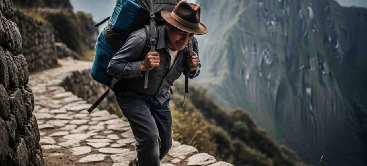 Uno de los porteadores del Camino Inca cargando una mochila grande con equipo de trekking, caminando con determinación por un sendero de montaña empedrado con los Andes de fondo