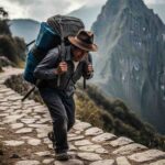 Uno de los porteadores del Camino Inca cargando una mochila grande con equipo de trekking, caminando con determinación por un sendero de montaña empedrado con los Andes de fondo