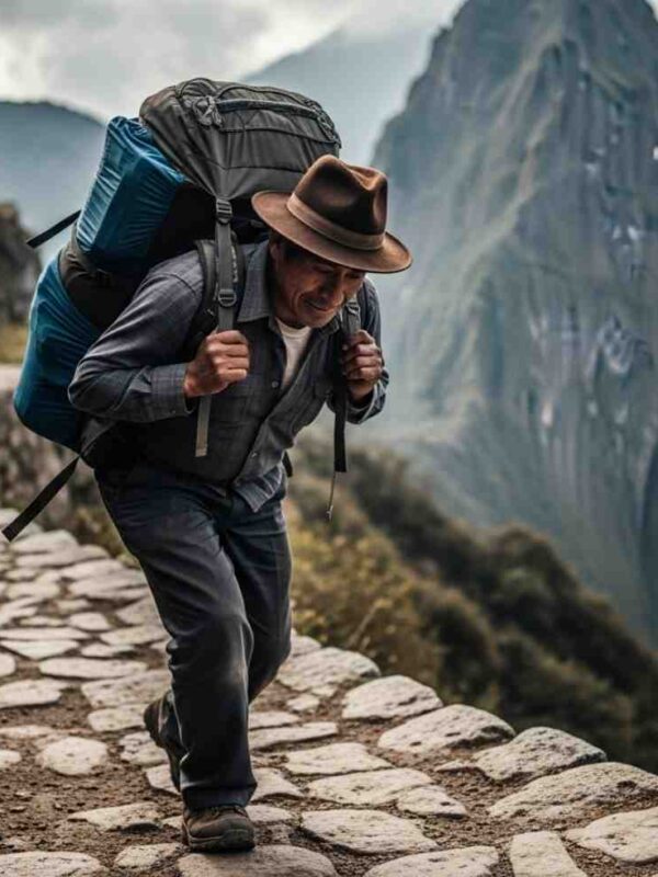 Uno de los porteadores del Camino Inca cargando una mochila grande con equipo de trekking, caminando con determinación por un sendero de montaña empedrado con los Andes de fondo