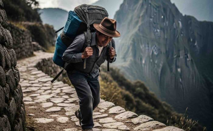 Uno de los porteadores del Camino Inca cargando una mochila grande con equipo de trekking, caminando con determinación por un sendero de montaña empedrado con los Andes de fondo