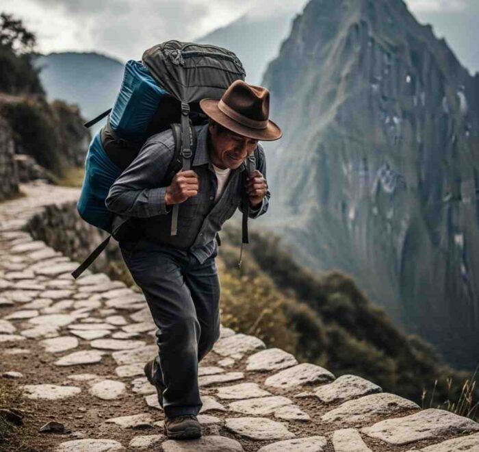 Uno de los porteadores del Camino Inca cargando una mochila grande con equipo de trekking, caminando con determinación por un sendero de montaña empedrado con los Andes de fondo