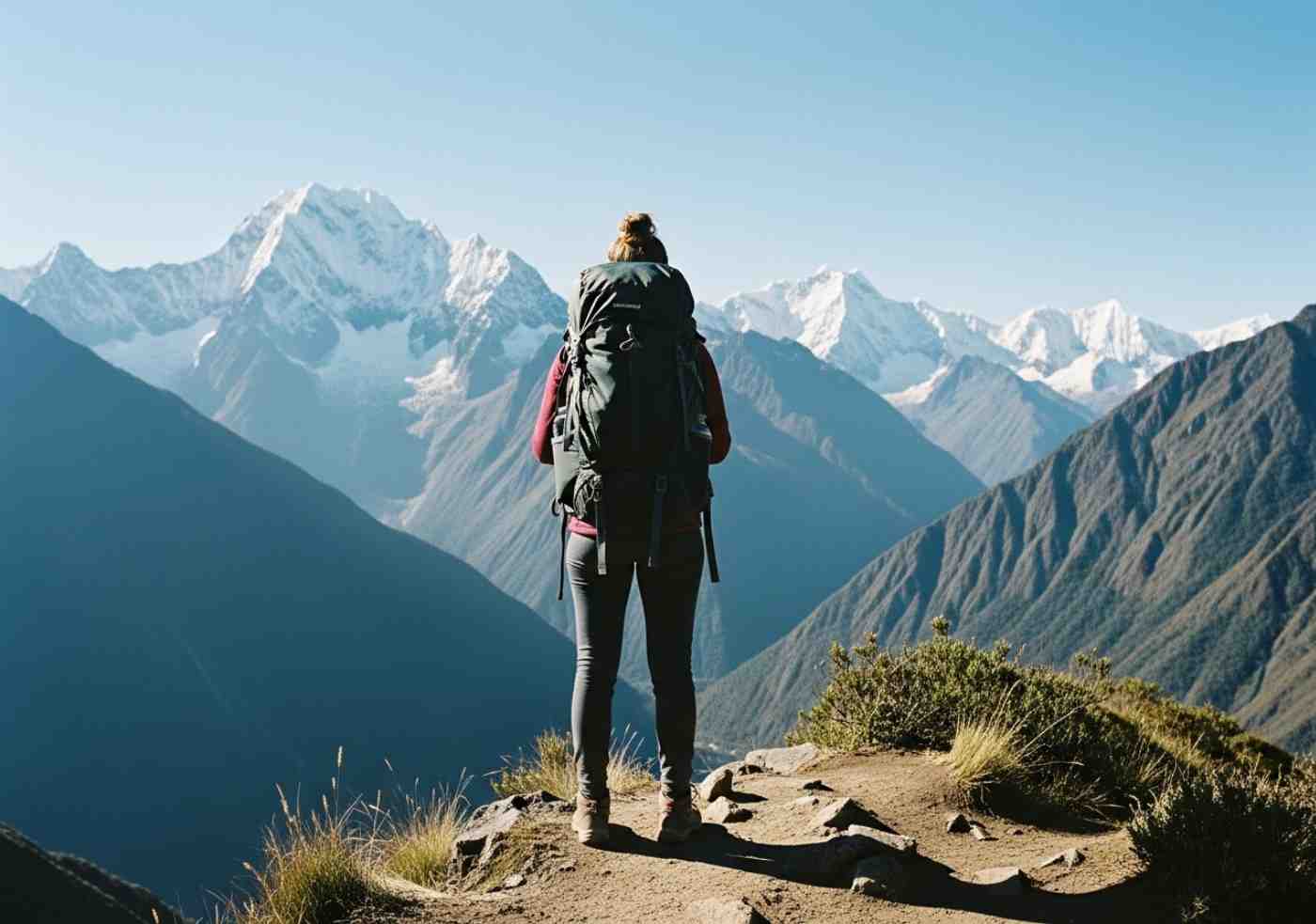 Un viajero con una mochila ligera y bien ajustada sonriendo mientras mira el paisaje de la ceja de selva en la ruta Salkantay