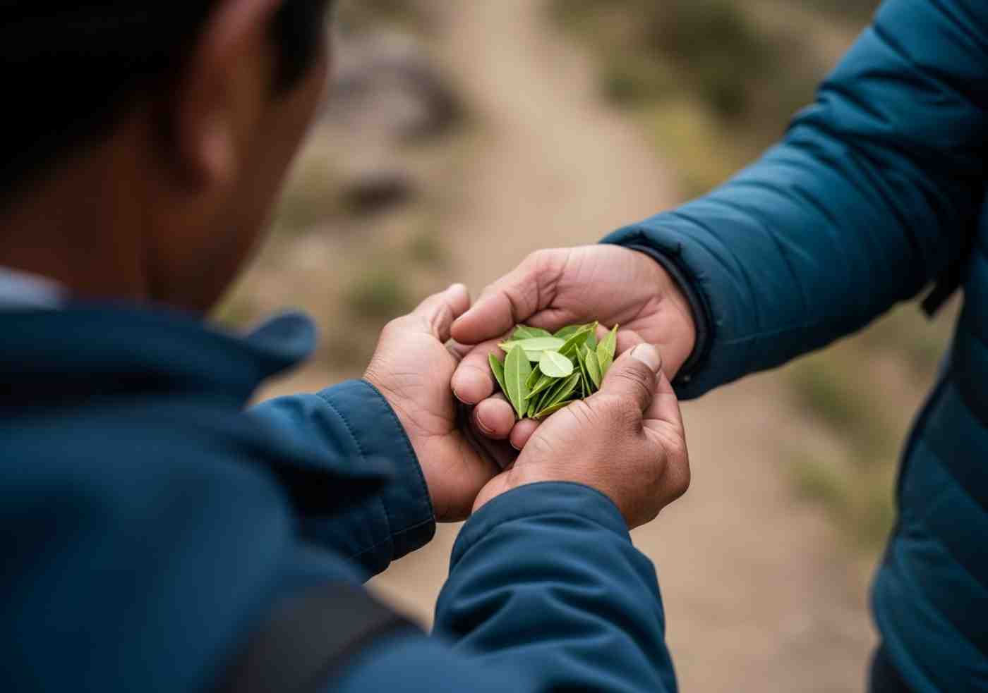 Un guía local mostrando a un viajero cómo usar las hojas de coca para prevenir el soroche durante la caminata Salkantay