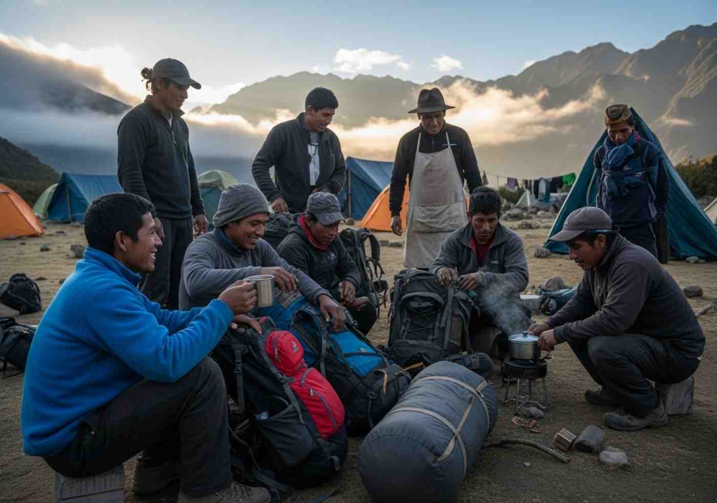 Un grupo de porteadores y un cocinero descansan en un campamento, discutiendo el tema de las propinas para los porteadores en el Camino Inca