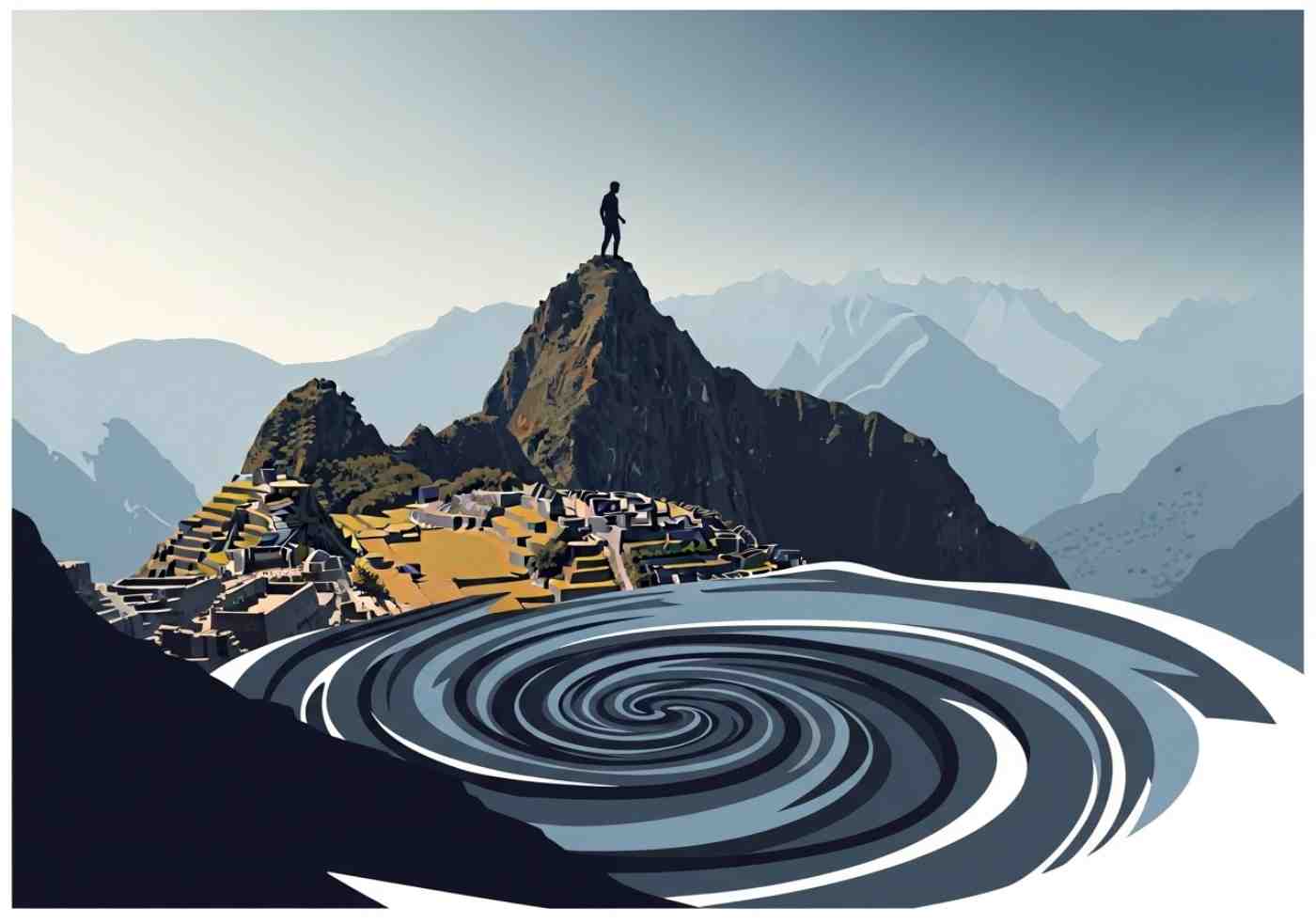 Ilustración conceptual de una persona en una cumbre, simbolizando la psicología del viajero y el vacío post-Machu Picchu