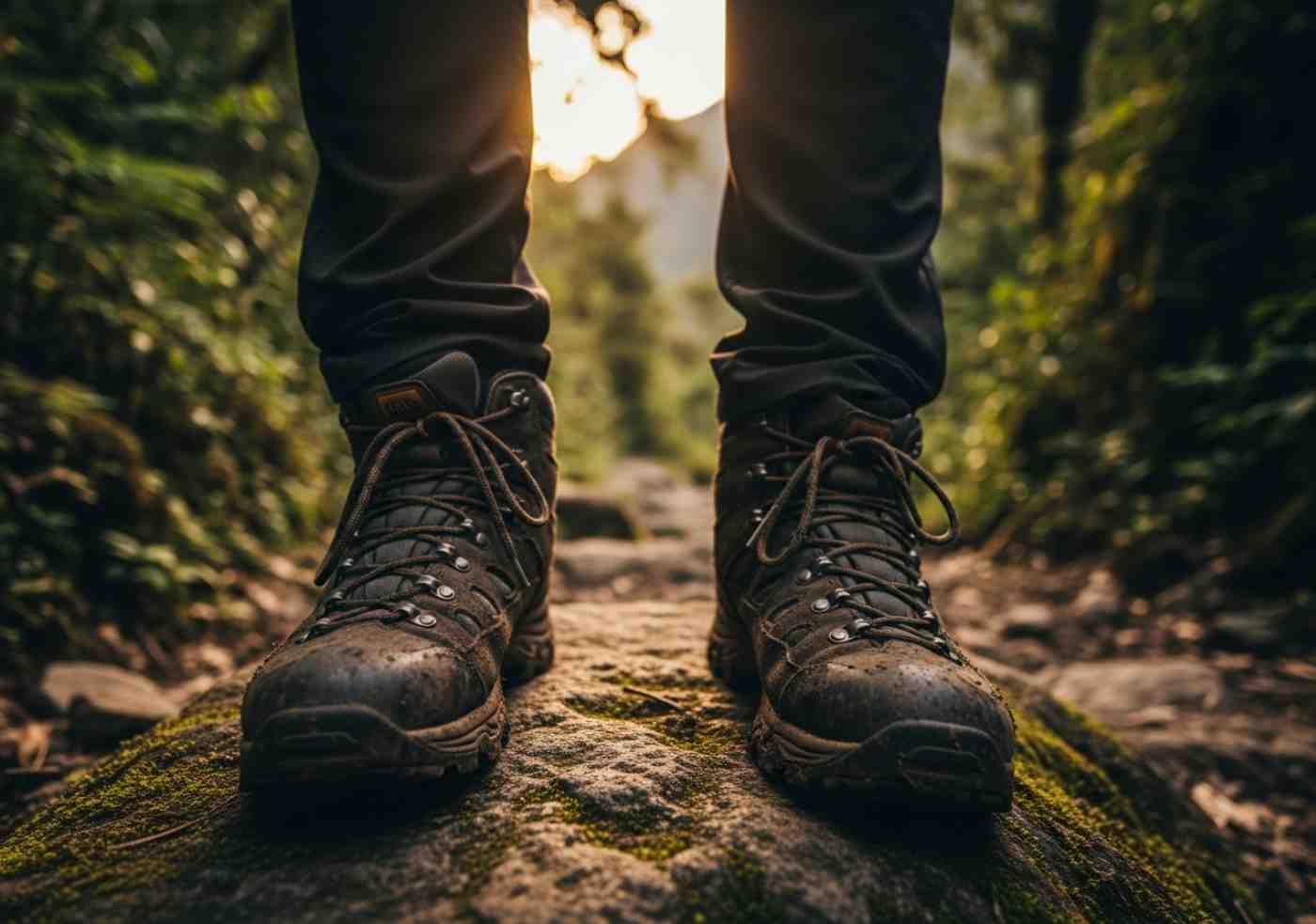 Primer plano de unas botas de trekking gastadas y bien ajustadas sobre un terreno rocoso en los Andes