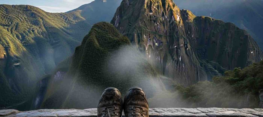 Un par de botas de trekking descansando al borde de los baños termales mientras un viajero se relaja, mostrando qué hacer en Aguas Calientes después del Camino Inca