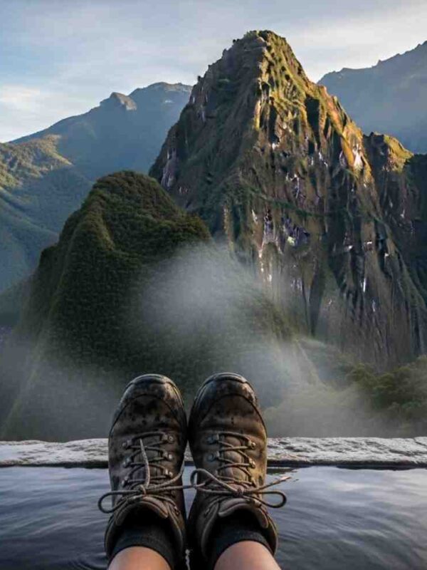 Un par de botas de trekking descansando al borde de los baños termales mientras un viajero se relaja, mostrando qué hacer en Aguas Calientes después del Camino Inca