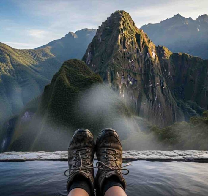 Un par de botas de trekking descansando al borde de los baños termales mientras un viajero se relaja, mostrando qué hacer en Aguas Calientes después del Camino Inca