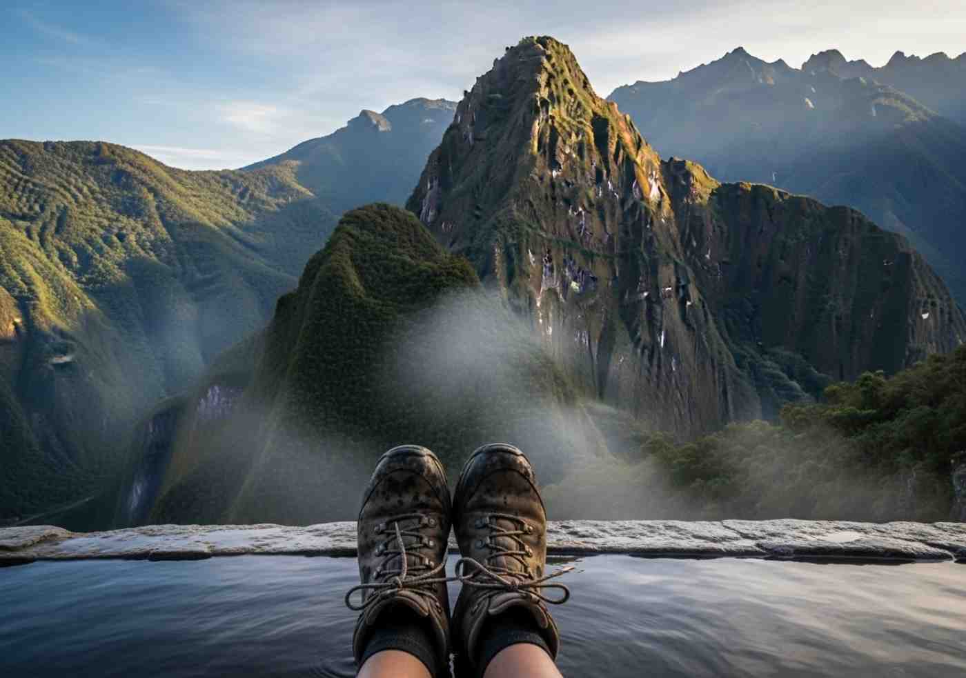 Un par de botas de trekking descansando al borde de los baños termales mientras un viajero se relaja, mostrando qué hacer en Aguas Calientes después del Camino Inca