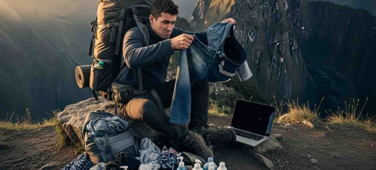 Un excursionista frustrado en el Camino Inca saca objetos inútiles, como jeans y un portátil, de su mochila sobrecargada, ilustrando los errores de equipaje Camino Inca