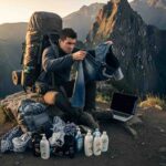 Un excursionista frustrado en el Camino Inca saca objetos inútiles, como jeans y un portátil, de su mochila sobrecargada, ilustrando los errores de equipaje Camino Inca