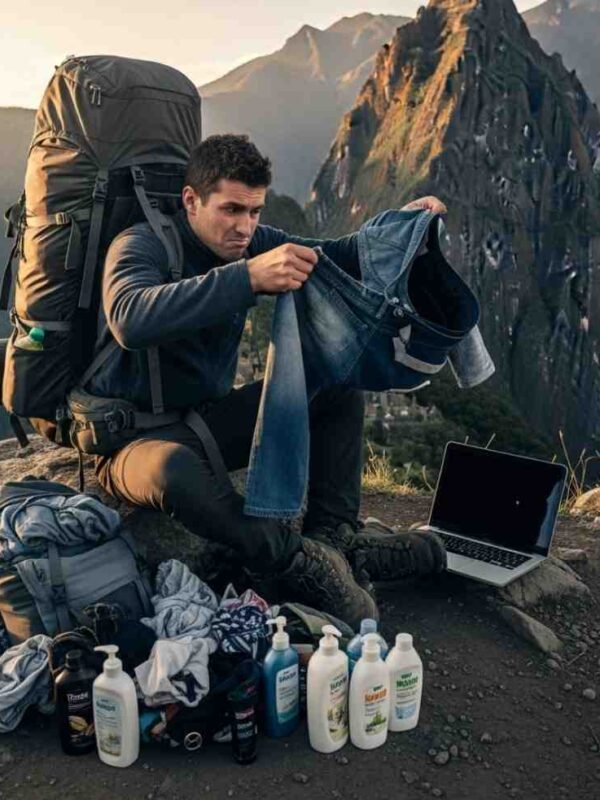 Un excursionista frustrado en el Camino Inca saca objetos inútiles, como jeans y un portátil, de su mochila sobrecargada, ilustrando los errores de equipaje Camino Inca