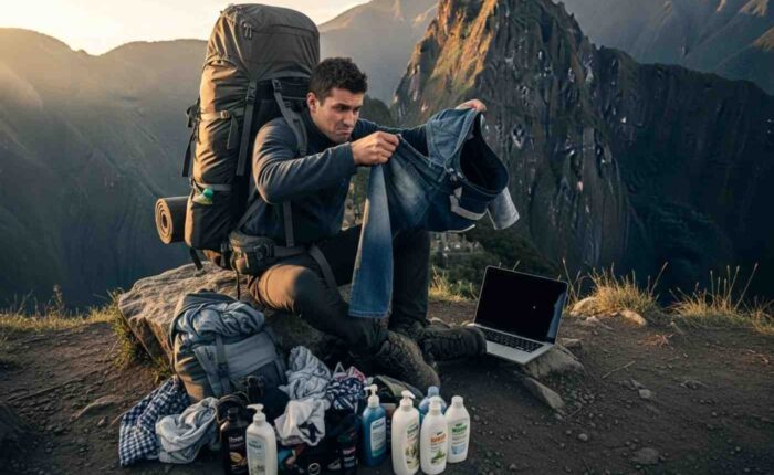 Un excursionista frustrado en el Camino Inca saca objetos inútiles, como jeans y un portátil, de su mochila sobrecargada, ilustrando los errores de equipaje Camino Inca