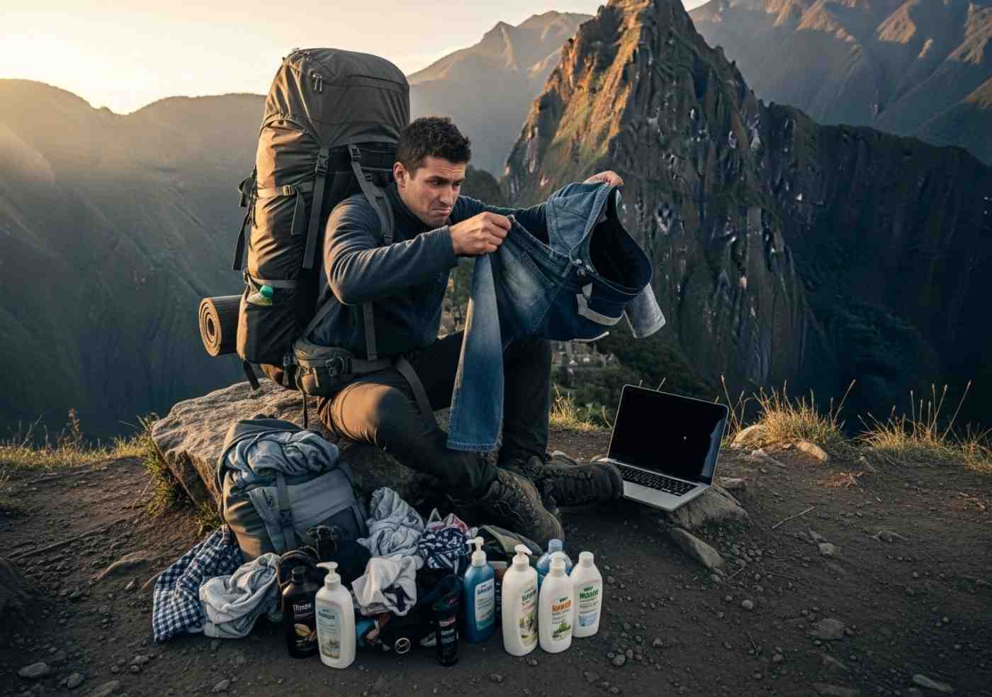 Un excursionista frustrado en el Camino Inca saca objetos inútiles, como jeans y un portátil, de su mochila sobrecargada, ilustrando los errores de equipaje Camino Inca