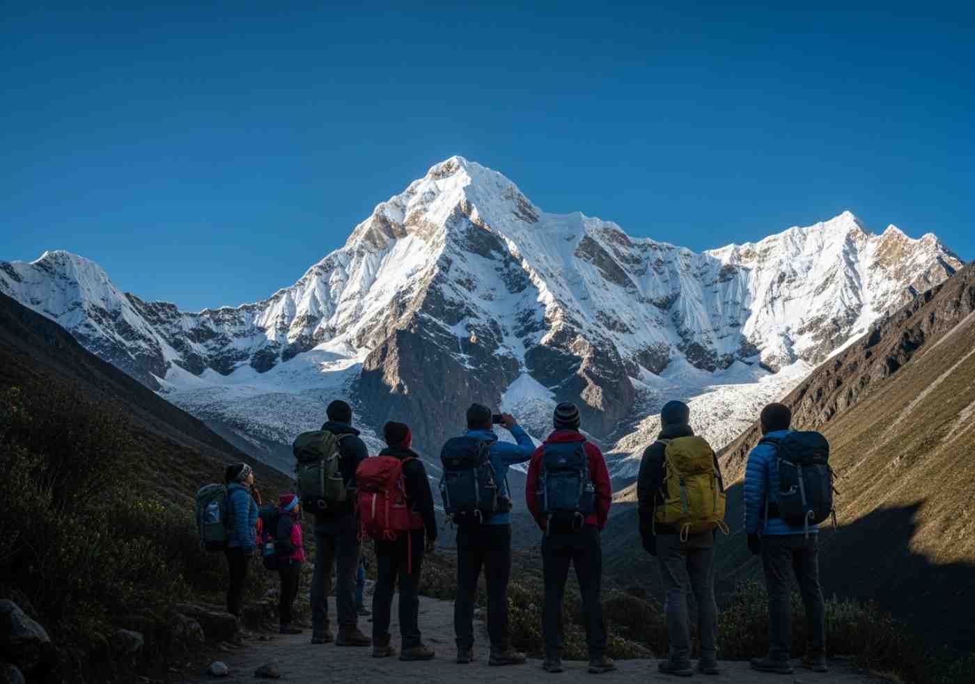 que-tan-dificil-es-el-salkantay-trek Un grupo de excursionistas observando la montaña para entender qué tan difícil es el Salkantay Trek