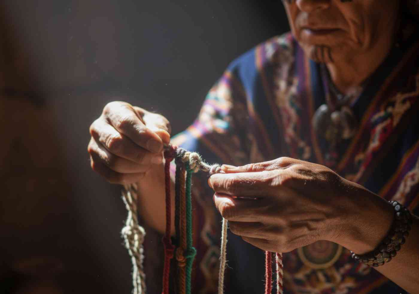 Manos expertas de un Quipucamayoc interpretando los nudos de un quipu, demostrando la complejidad de este sistema de registro andino.