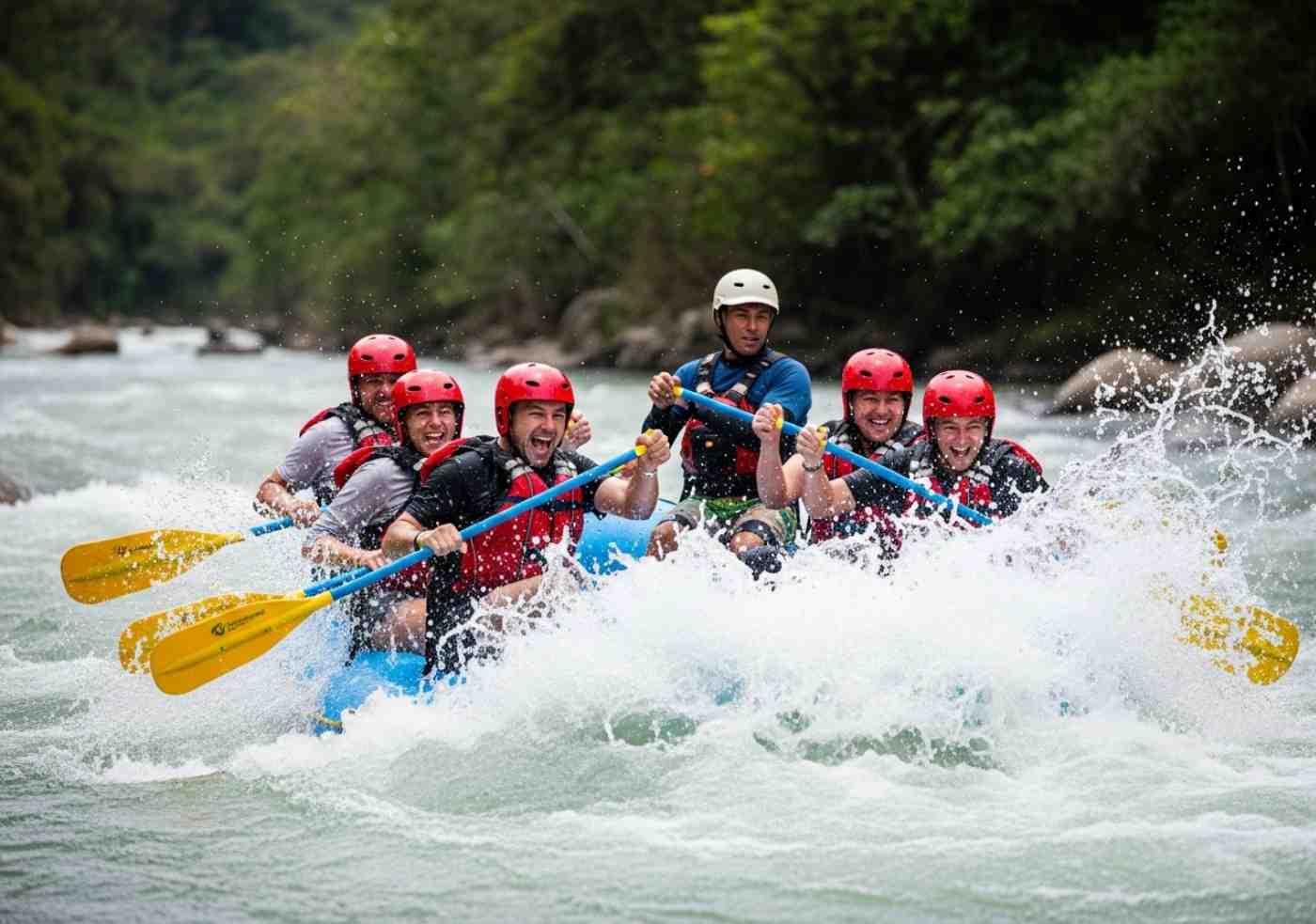 Grupo de viajeros emocionados haciendo rafting en el río Urubamba, parte de la ruta alternativa a Machu Picchu