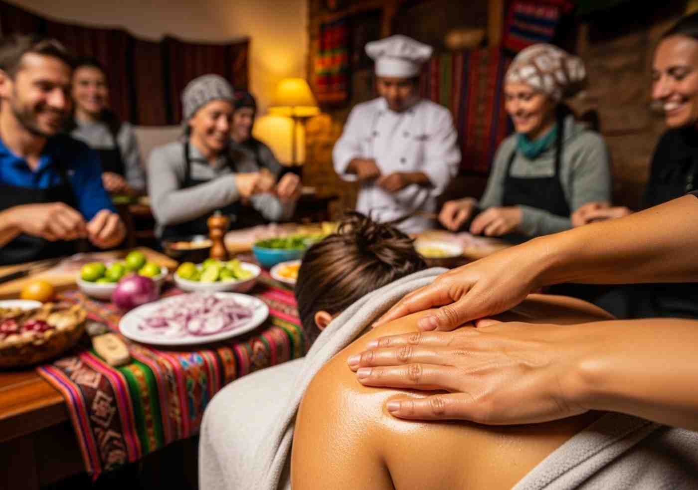 Viajeros disfrutando de actividades de recuperación post-Salkantay en Cusco, incluyendo un masaje reparador y una clase de cocina peruana
