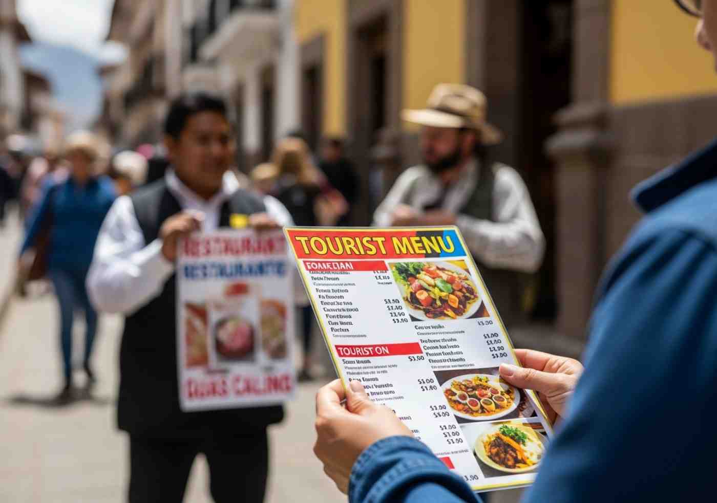 Promotor de restaurante mostrando un menú turístico, un ejemplo de lo que se debe observar en Aguas Calientes