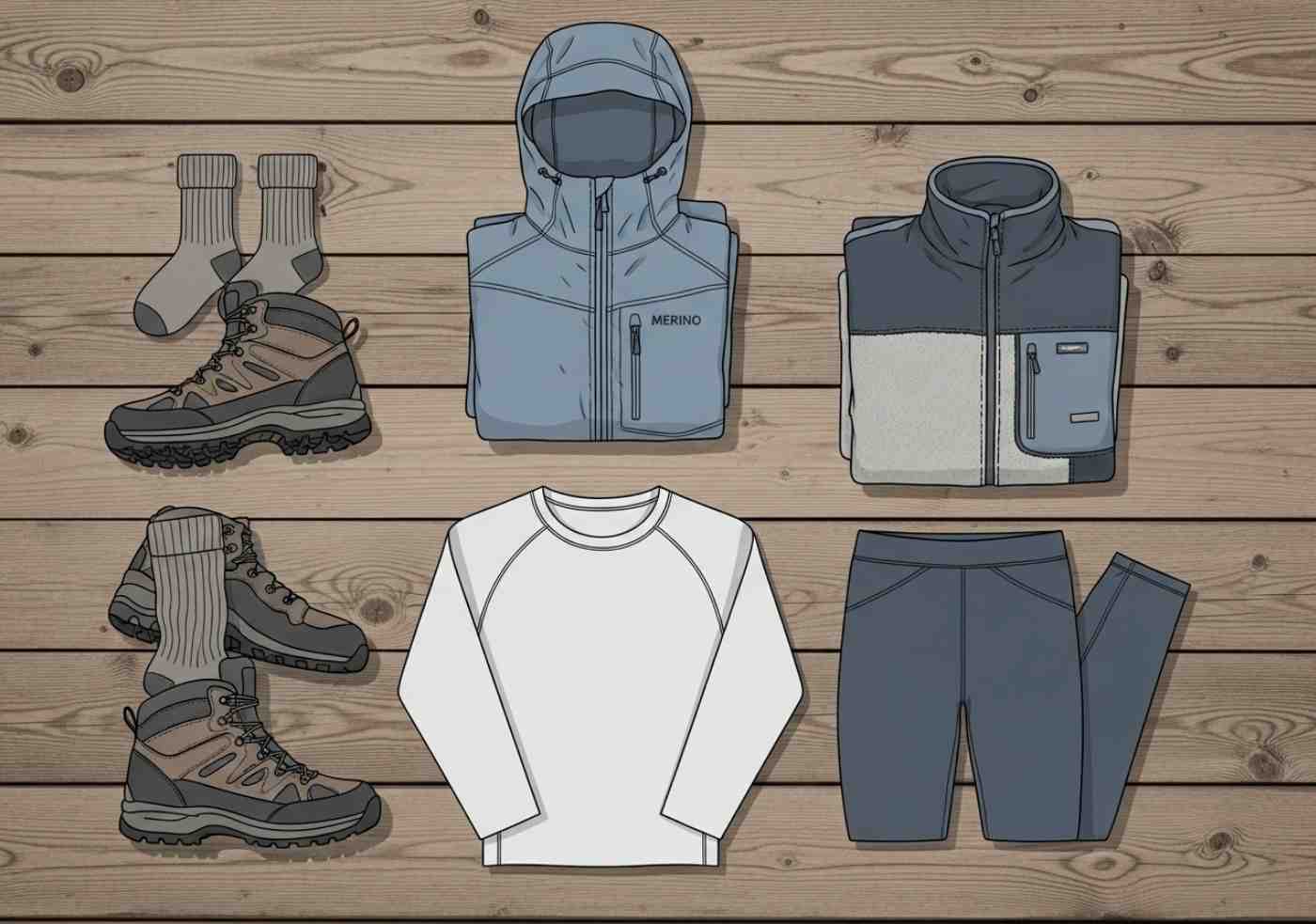 Ilustración del sistema de ropa por capas (base, media, exterior) esencial para el equipaje del Camino Inca