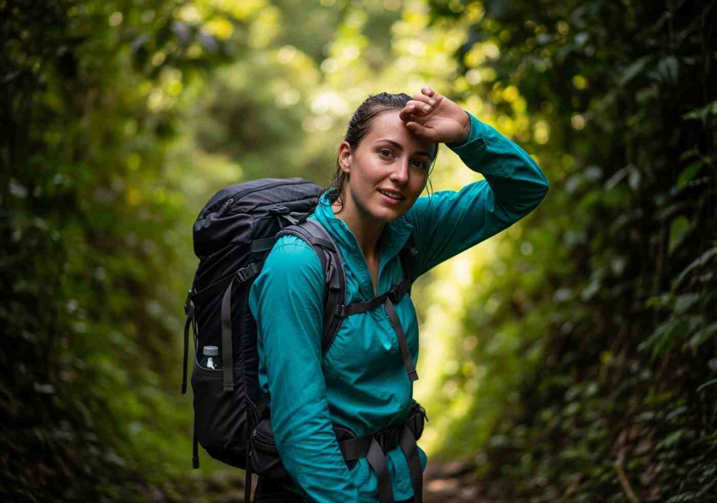 Viajero usando ropa adecuada para el Inka Jungle mientras camina por un sendero frondoso en la selva alta peruana