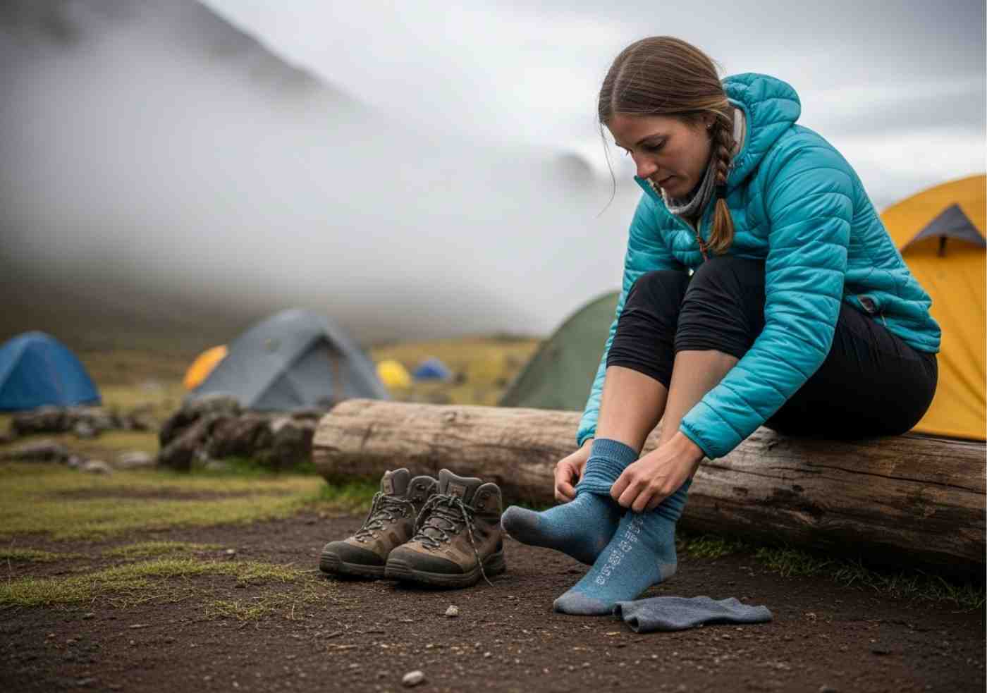 Una persona organizando las capas de ropa para el Salkantay Trek dentro de una carpa