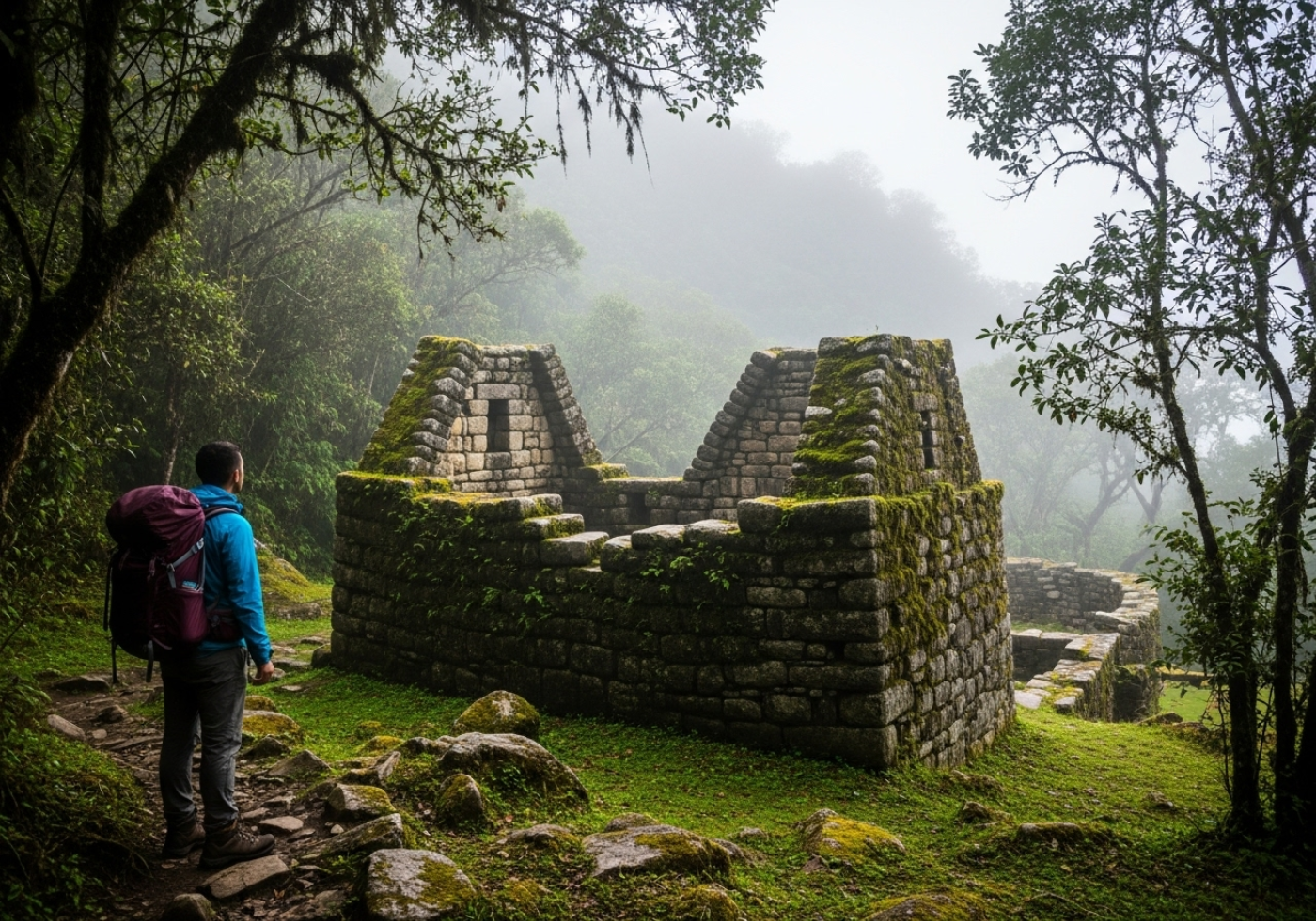 Vista de un sitio arqueológico desde el sendero del Camino Inca Clásico