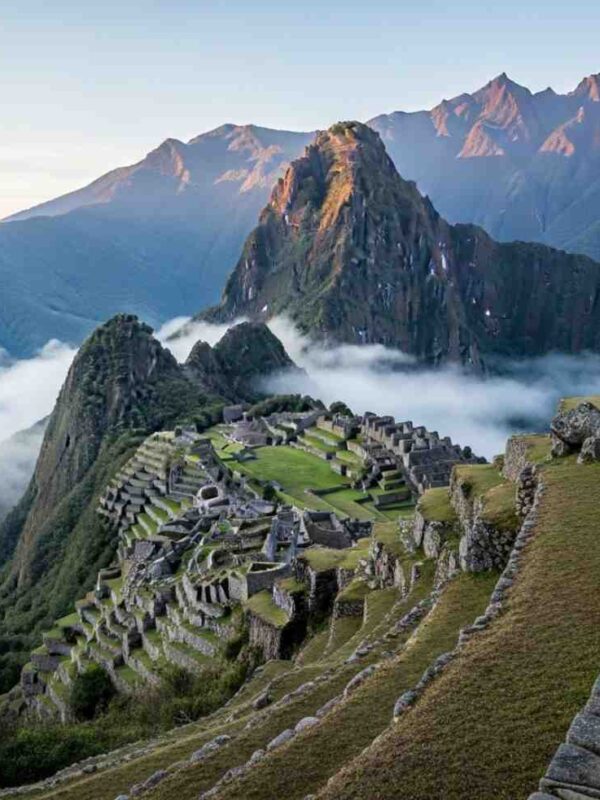 Las impresionantes ruinas incas en el Camino Inca de Phuyupatamarca, vistas desde el sendero de piedra y flotando sobre un mar de nubes