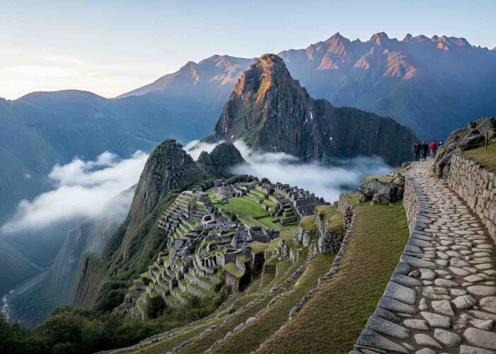 Las impresionantes ruinas incas en el Camino Inca de Phuyupatamarca, vistas desde el sendero de piedra y flotando sobre un mar de nubes