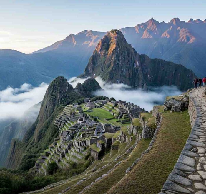 Las impresionantes ruinas incas en el Camino Inca de Phuyupatamarca, vistas desde el sendero de piedra y flotando sobre un mar de nubes