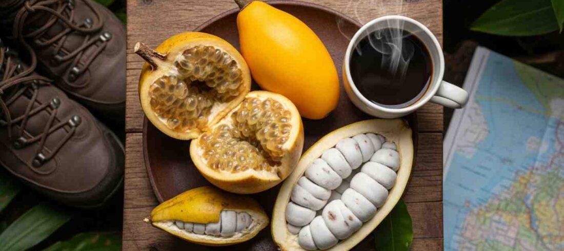 Una mesa rústica que muestra los sabores del Inka Jungle Premium: frutas exóticas como granadilla y lúcuma junto a una taza de café, con botas de trekking al lado