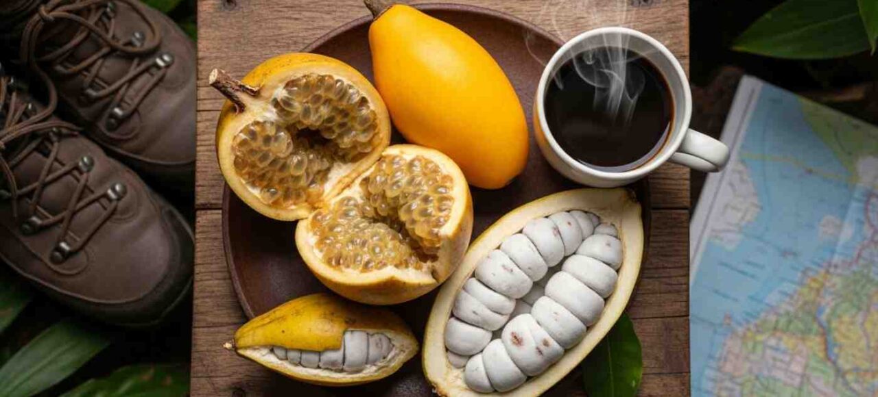 Una mesa rústica que muestra los sabores del Inka Jungle Premium: frutas exóticas como granadilla y lúcuma junto a una taza de café, con botas de trekking al lado